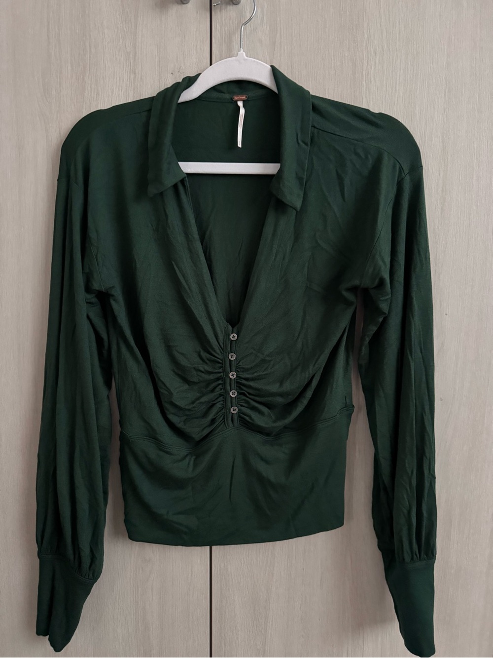 Free People Lucky Shirtee Forest Green Ruched Button-Front Long Sleeve Top